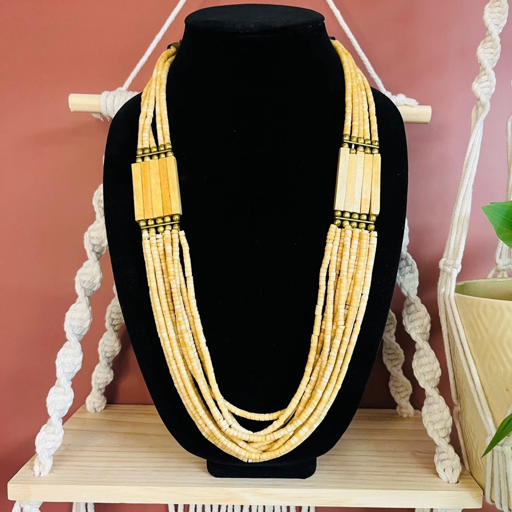 Vintage 1970s Carved Bone Beaded Necklace Neutral‎ Toned Layered Hippie Boho